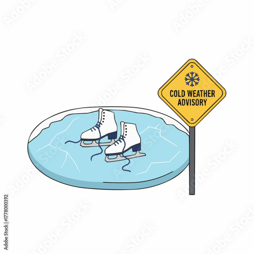 Ice skates on frozen pond with cold weather advisory sign illustration