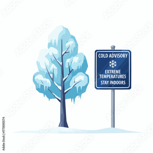 A winter scene with a snow covered tree and a cold advisory warning sign post