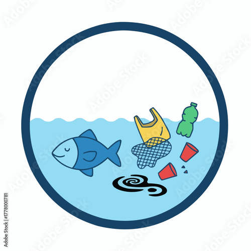 Illustration of fish swimming in polluted water with plastic and oil spill