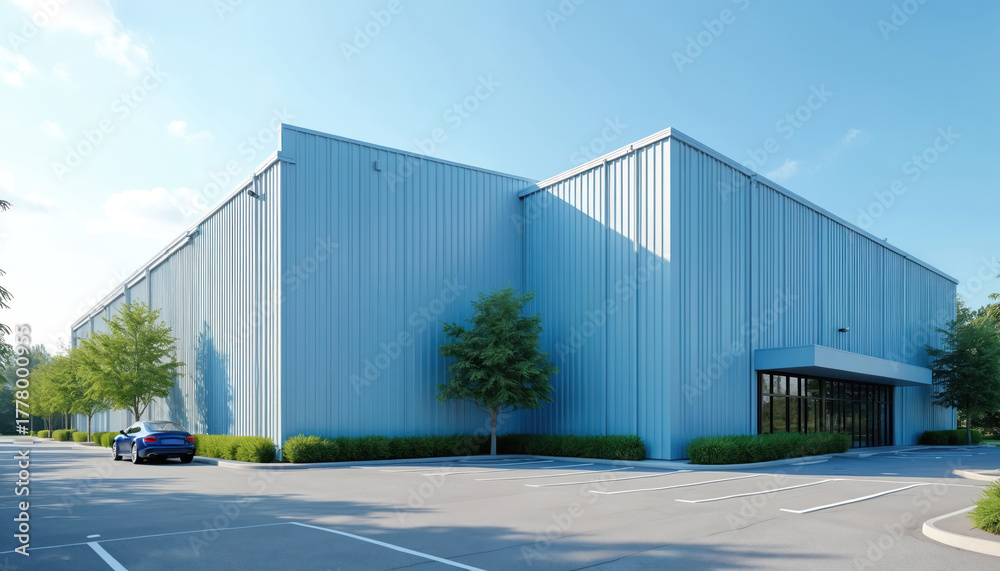 Fototapeta premium Light blue corrugated metal industrial building with a vast empty parking lot on a bright sunny day. Plants surrounds the modern commercial structure with a clean, pro exterior.