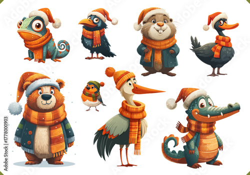 Set of vector illustration of animals wearing scarf and hat, bear, beaver, black swan, bullfinch, cardinal, chameleon, crane, crocodile, crow, isolated on a white background