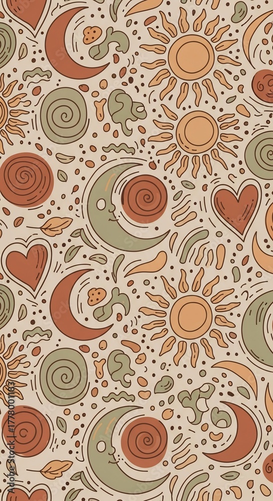 Fototapeta premium Bohemian Harmony: A captivating illustration featuring celestial bodies and natural elements, radiating warmth, earthiness, and a touch of whimsy.