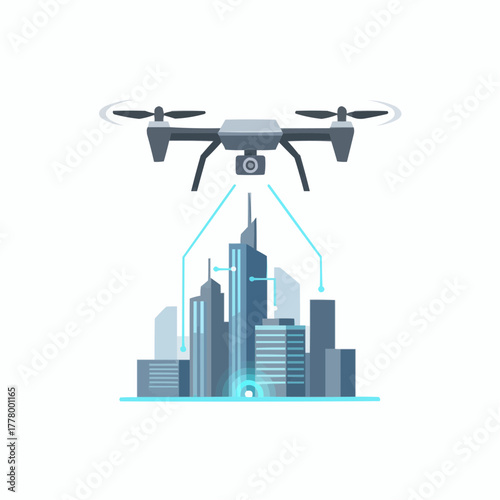 Drone flying over a city skyline with digital connections shown below it all