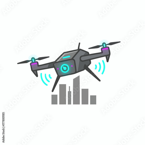 Illustration of a drone flying above a city skyline with signal waves shown