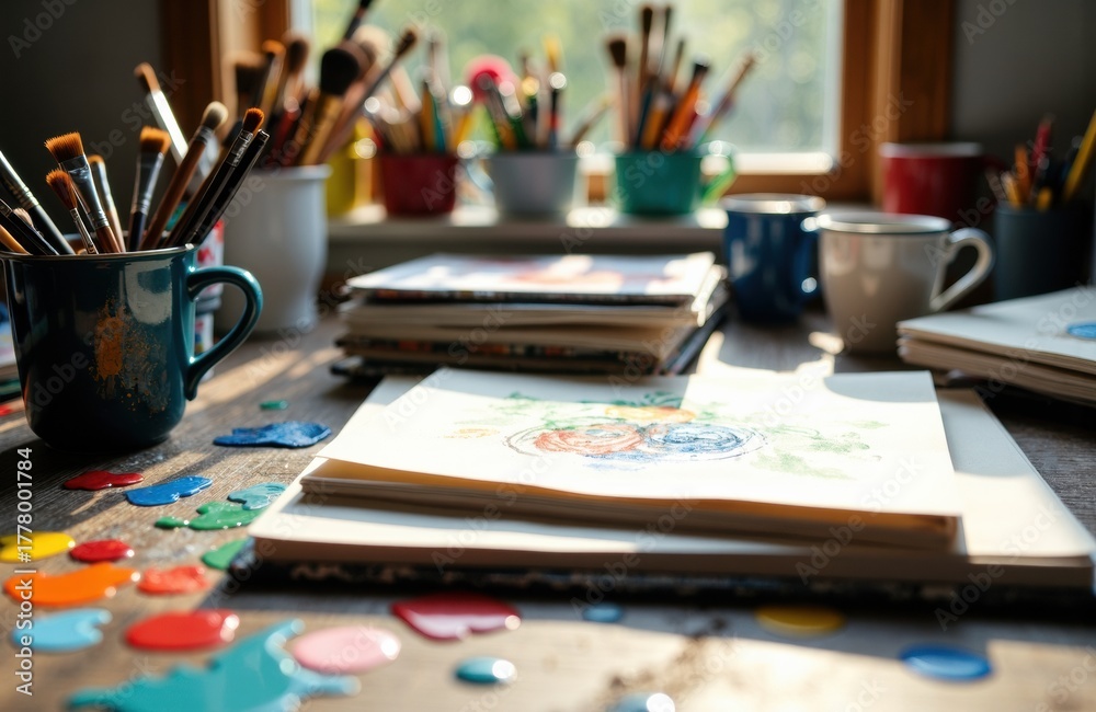 Fototapeta premium Colorful art supplies and sketches on a wooden table with cups and books in a cozy workspace