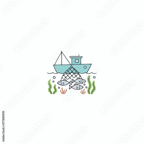 Illustration of a fishing boat with net catching fish in the ocean water