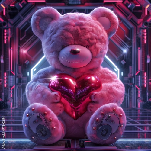 Futuristic fluffy teddy bear with heart in futuristic background, Valentine’s Day’s holiday card
