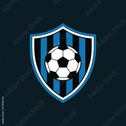 Football Club Logo Template, soccer shield logo, football emblem vector, black blue sports branding, striped team crest design, classic ball icon, athletic identity symbol, soccer club logo,
