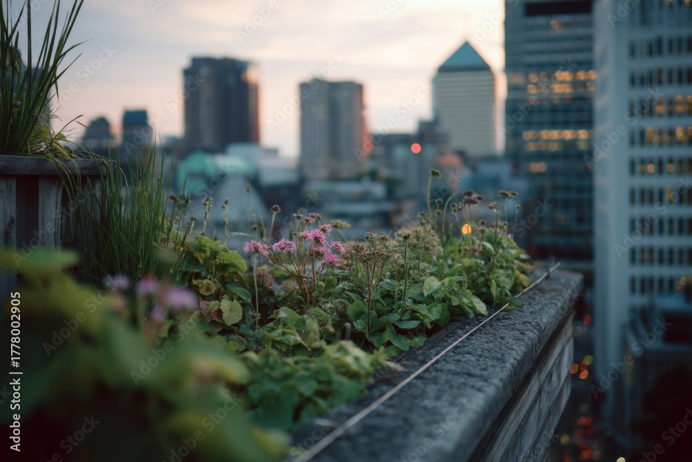 Fototapeta premium Rooftop garden planter with pink blooms, leafy plants overlooking city skyline at dusk with orange sunset glow sky