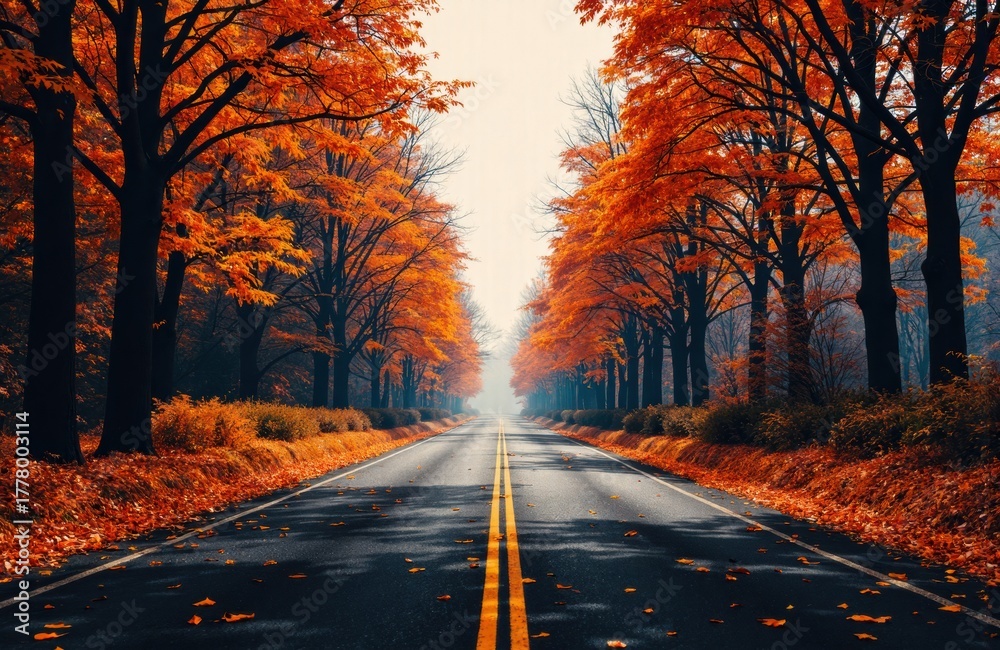 Naklejka premium Golden autumn trees line a deserted road with fallen leaves creating a scenic fall landscape