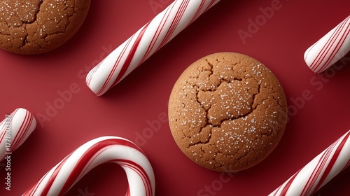 Gingerbread cookie with festive candy canes arranged on a vibrant red background, creating a warm and inviting holiday atmosphere for seasonal celebrations