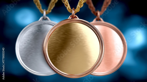 Gold, silver, and bronze medals displayed on a deep blue background, showcasing their polished surfaces and intricate details, perfect for award themes