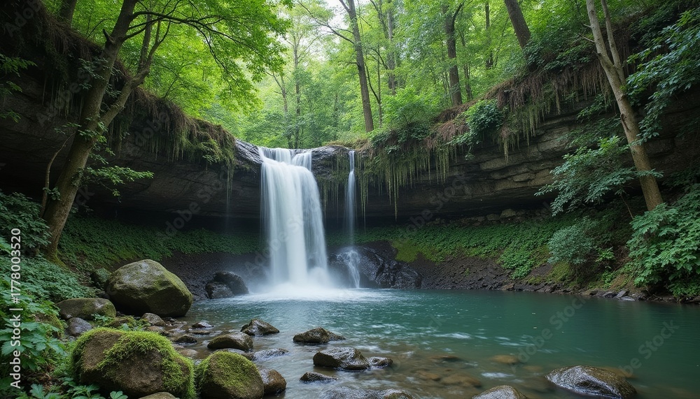 Naklejka premium Tranquil waterfall cascading into a serene pool surrounded by trees 