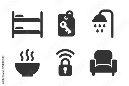 Bunk bed, key tags, shower, soup, wifi lock, armchair icons set.