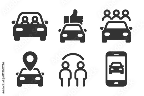 Car sharing icons set featuring vehicles, users, and smartphone integration.