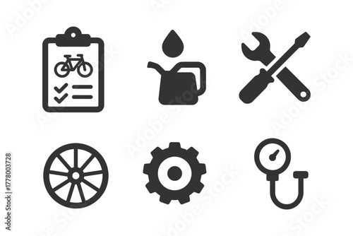Bicycle maintenance icons: checklist, oil, tools, wheel, gear, pressure gauge.