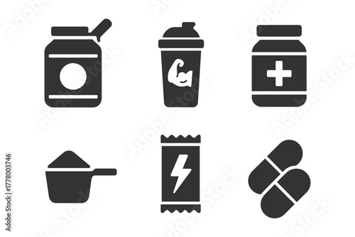 Fitness nutrition icons: supplements, shaker, powder, bar, pills.