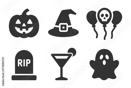 Halloween icons set: pumpkin, witch hat, skull balloons, tombstone, cocktail, ghost.