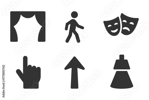 Theater icons: curtain, comedy and drama masks, direction, movement, and finger gesture.