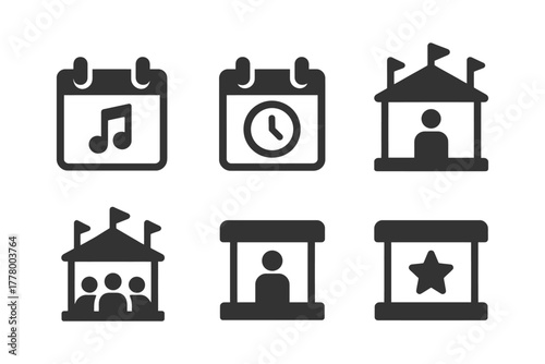 Event icons: music, schedule, and booths with people and stars.