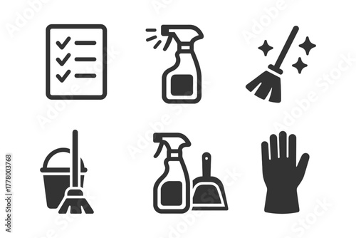 Cleaning icons set with broom, spray bottle, checklist, bucket, dustpan, glove.