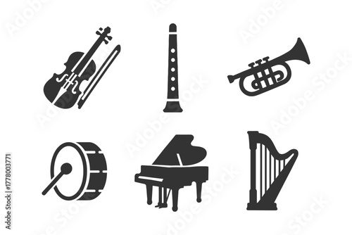Silhouette icons of classical musical instruments: violin, clarinet, trumpet, drum, piano, harp.