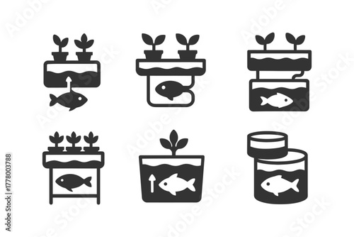 Aquaponics system icons: fish and plant symbiosis in six unique designs.