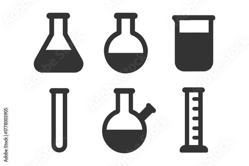 Set of laboratory glassware icons: beaker, flask, test tube, graduated cylinder.