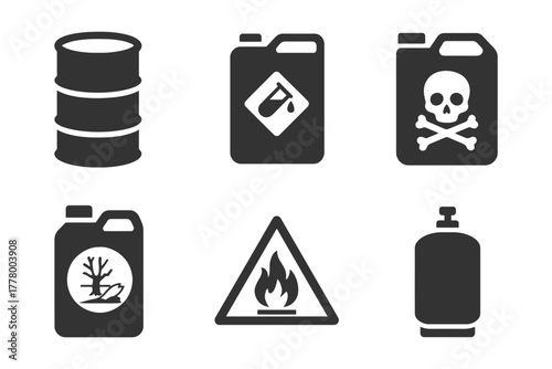 Hazardous material icons: chemical, flammable, toxic, environmental, warning symbols.