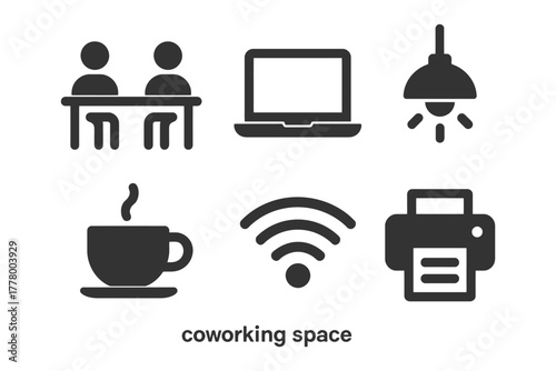 Coworking space icons: collaboration, technology, comfort essentials.