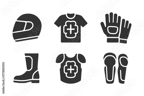 Icon set of motorcycle protective gear and safety equipment.