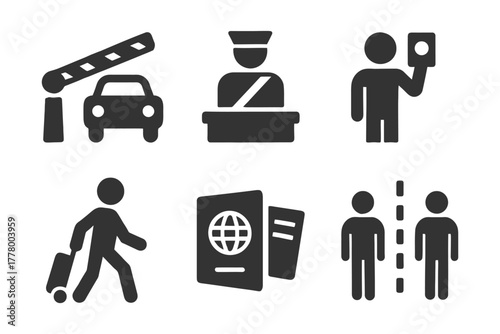 Border control icons: passport, customs, checkpoint, immigration, travel.
