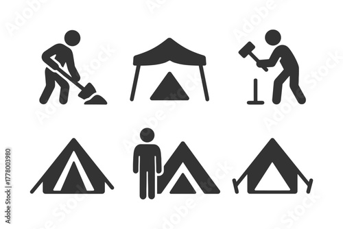 Camping icon set: tent, tools, and human figures in minimalist style.