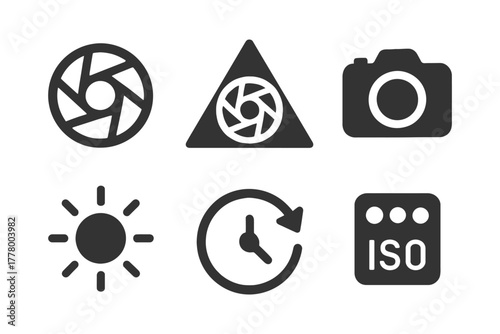 Photography icons: shutter, aperture, camera, sun, timer, iso symbols.