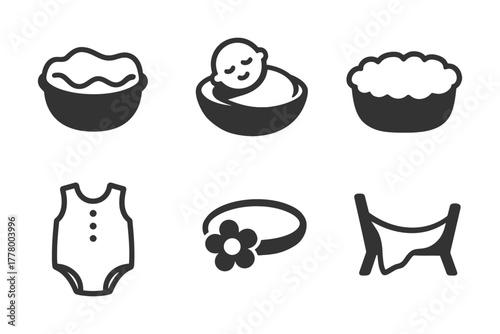 Baby essentials icons set: bath, sleeping, bodysuit, headband, hammock.
