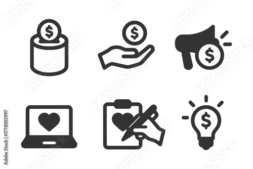 Financial and marketing icons set with dollar coin and heart symbols.