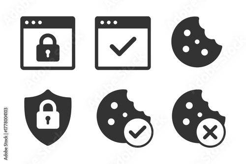 Privacy and security icons: lock, checkmark, cookie, shield symbols.