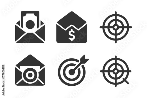 Monochrome icons of envelopes with currency and targets for business and finance.