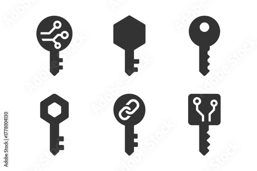 Set of six black digital and traditional key icons on white background.