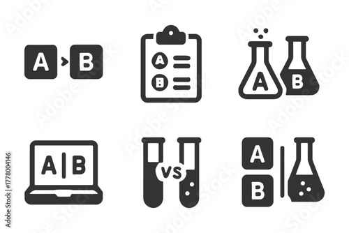 A/b testing icons set: experiment, comparison, analysis, lab equipment.