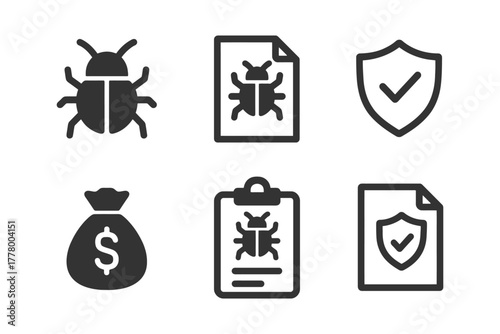 Bug icons with money bag and shield symbols for cybersecurity and finance.