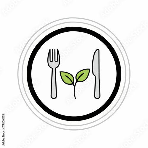 Illustration of a fork knife and plant inside a circle for vegan food concept