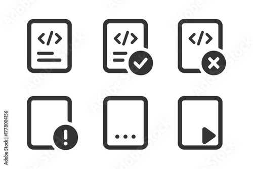 Icon set of coding files with status indicators for development.