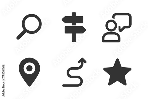 Simple black icon set featuring magnifying glass, signpost, user chat, location pin, path, star.