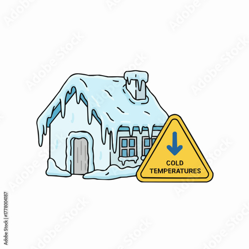 Cartoon house covered in snow with cold temperatures warning sign nearby