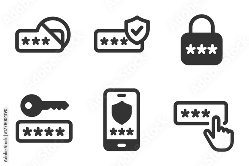 Password security icons: shield, lock, key, mobile, verification.