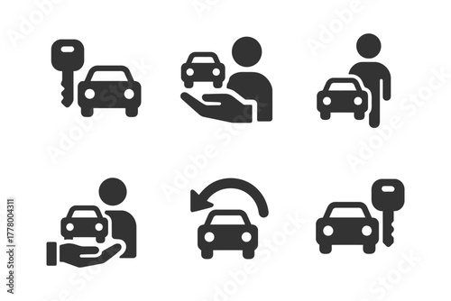 Car rental and sales icons: vehicle, key, and person symbols collection.