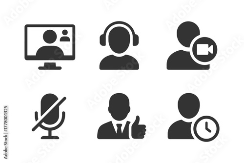 Video conference icons: communication, microphone, headset, camera, business, time.