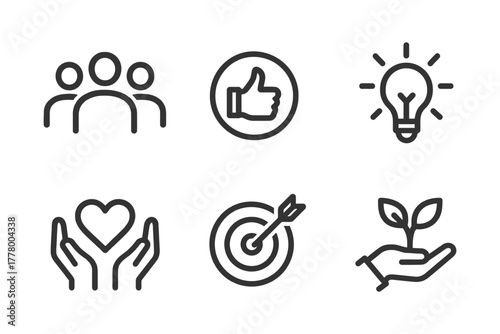 Minimalist icons of people, approval, ideas, caring, goals, and growth.
