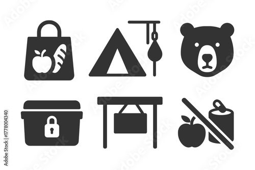 Outdoor essentials: bear safety icons for camping and food storage.